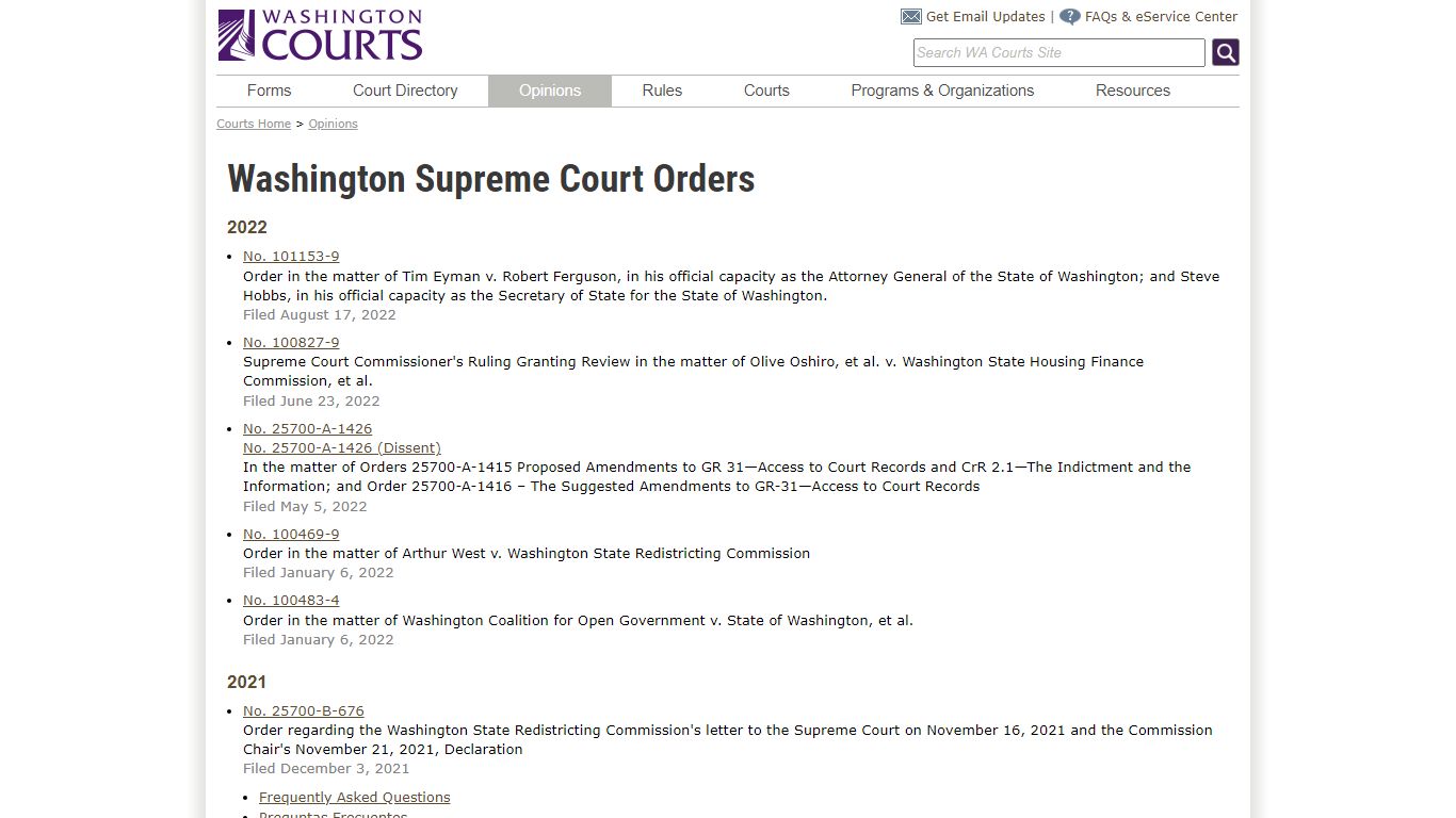 Washington State Courts - Opinions - Washington Supreme Court Orders